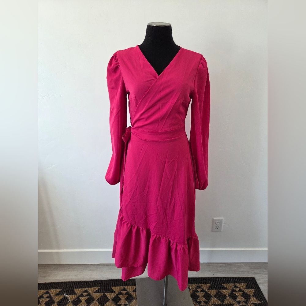 Hot Pink Magenta True Wrap Dress Midi Flamenco Party Baby Shower Formal Small